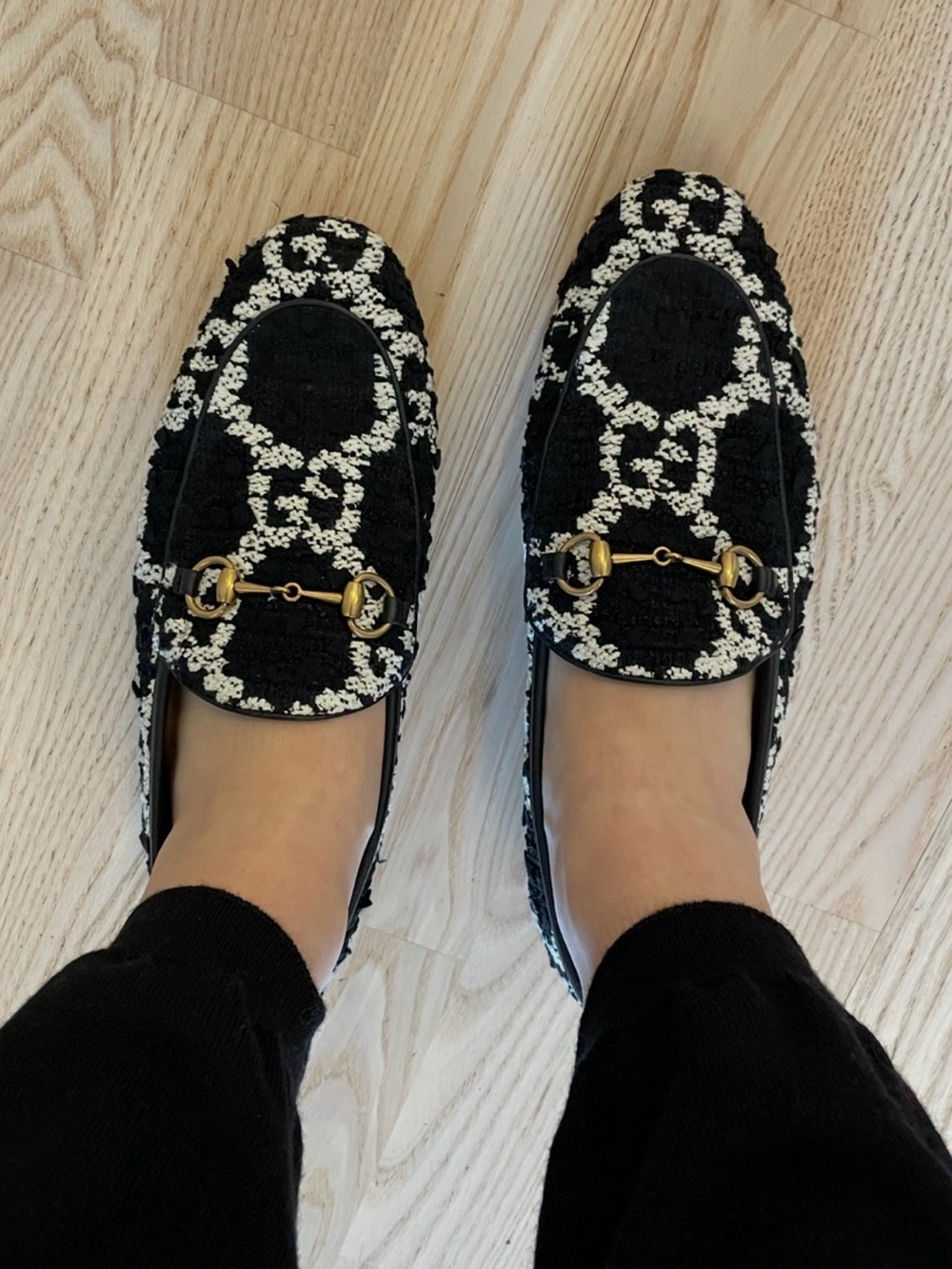 Gucci Black & White Tweed Jordaan Horsebit Loafers 37.5